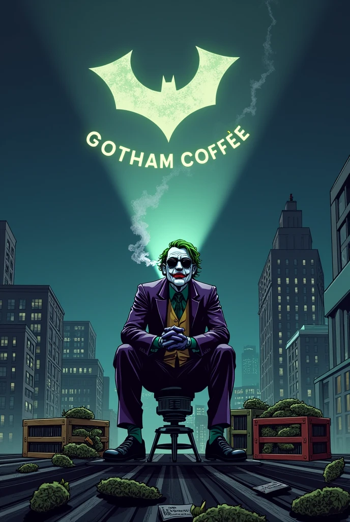 gotham city la nuit avec un projecteur sur un toit qui projette dans le ciel au dessus un logo blanc ou il y'a écrit dessus Gotham Coffee35 dans le ciel et il y'a le joker qui fume un cigare assis sur le projecteur sur le toit avec une paire de lunettes noir avec des caisses a coter de lui ou dessus il y'a une une feuille de weed et des sac remplie de cannabis et de sachet paquet de poudre blanche et de petit rectangle marron empiler a coter de lui en cartoon