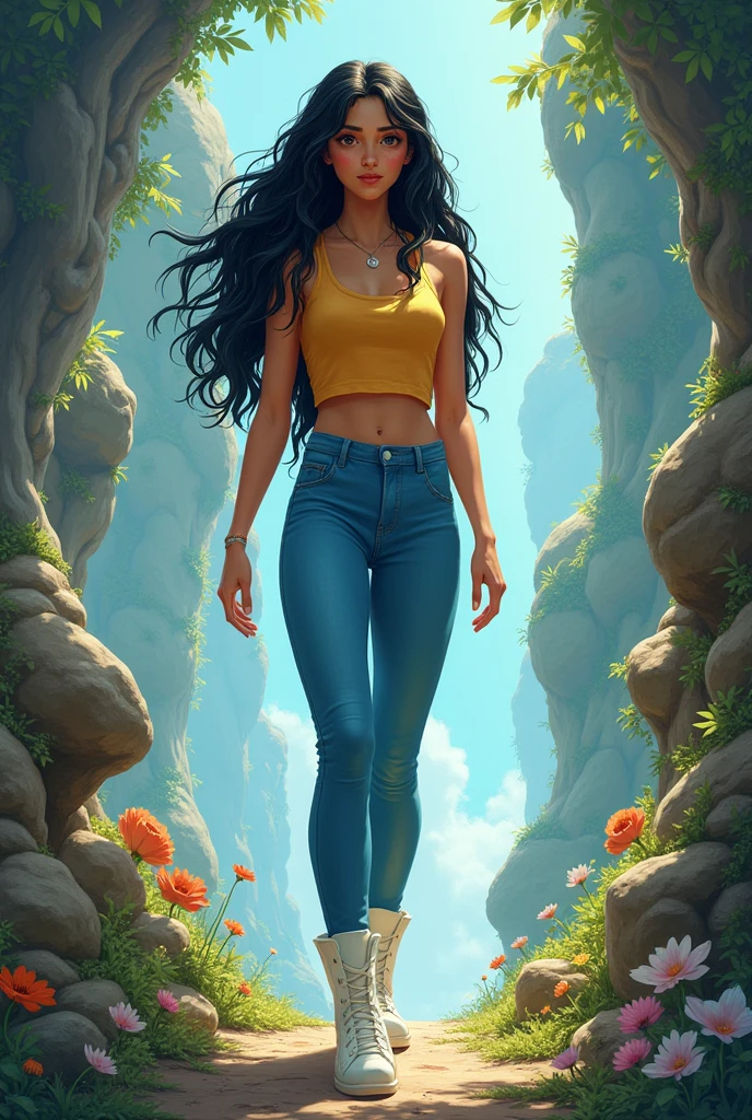 Very tall young woman with long, wavy, black hair, with white short booties, blue pants with a smiling face that says he doesn&#39;t know what he&#39;s doing and that he makes a lot of mistakes, looking straight ahead into a fantasy world 