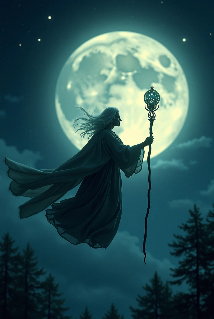"A mystical nighttime scene with a full moon glowing in the center of a dark, starry sky. In the middle of the moon, a wise old granny is flying on a magical staff. The granny has a gentle yet powerful aura, with flowing robes that move with the wind as she soars through the night. The staff she holds is ancient, adorned with glowing runes, and emits a soft, ethereal light. The dark sky around her is dotted with twinkling stars, and the moon's bright light casts a gentle glow over her figure, creating a surreal and enchanting atmosphere."