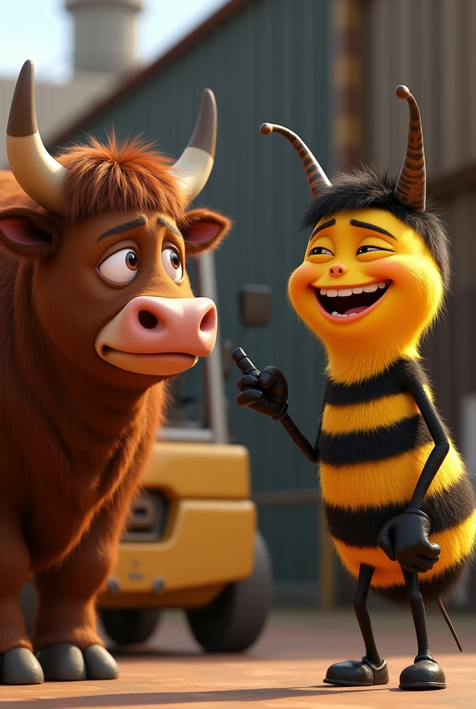 Draw Barry from the Bee movie laughing and pointing his finger at Ferdinand the Bull&#39;s face with red eyes full of tears crying with lots of tears running down his face, very disconsolate.. 
Background of the image has a Forklift,  only the face appears 