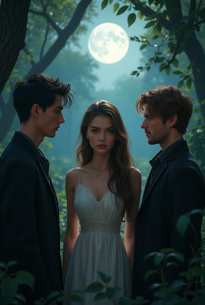 A girl in the middle, next to two men, one with black hair and the other with brown hair, evening, bright moon behind them, forest