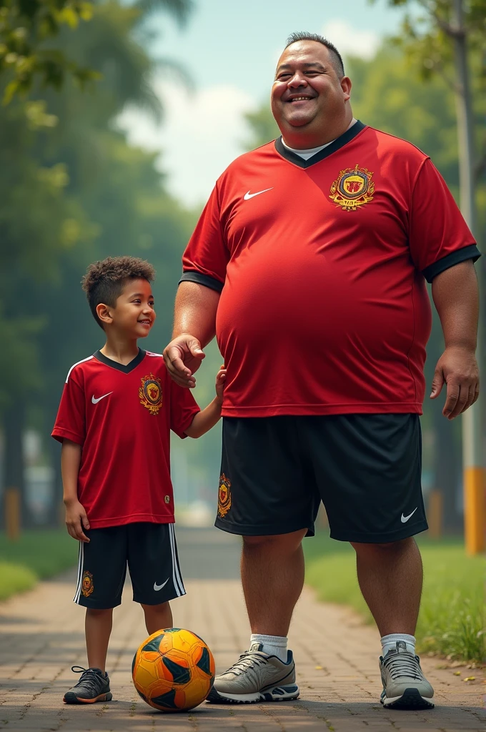 Create the image of a chubby guy wearing a Flamengo shirt, He thinks he&#39;s a good football player but he&#39;s very overweight. He is accompanied by his  son who also wears a Flamengo shirt.. 