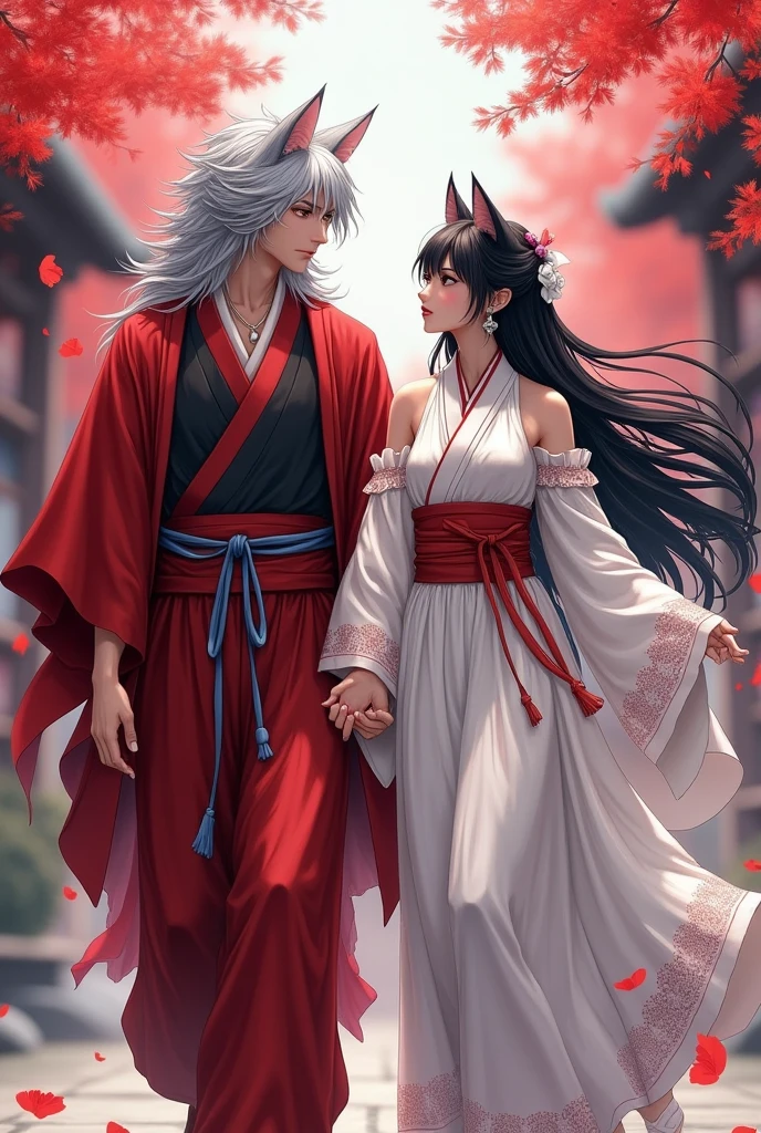 A couple consisting of a man who has a thick mane of silver hair down to his waist, with cat ears and golden eyes and wears a hakama (pants) blouses at the ankles, a jacket with sleeves "separate", un kosode (shirt), and an obi (belt) all in red color, and a woman has a slender figure, She has long black hair with dark purple highlights on the edge., which is half-gathered by a white ribbon tied, Her straight bangs cover her entire forehead., with brown eyes, She is wearing the traditional dress of a miko , which has remained essentially unchanged to this day, except for the lack of the shoulder seam with slits. Kikyō wore a hakui (tunica) blanca con soda-really (laces) red through the sleeves and open shoulders, walking hand in hand and exchanging loving glances 