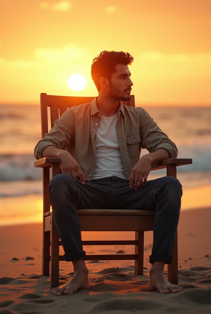 Syrian young guy setting on chair at beach on sunset