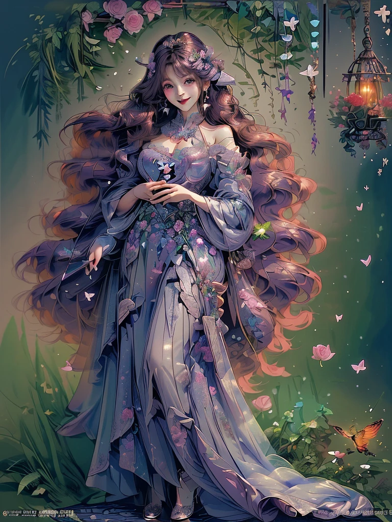 Secret Garden、Lots of colorful butterflies々is flying、one person, 独奏, Long Hair, smile, High resolution, masterpiece, Anatomically correct, 最High quality, detail, High detail, High quality, quality, Very detailed, Very Long Hair, Large Breasts, Earrings, Purple eyes, Ultra Wide Angle, accessories, Sparkle Effect, Illustration, Anime Style, digital art, Surrounded by roses、Beautiful woman、Long eyelashes、Fairy in a dress、Fantasy Oil Painting、8k octane, art nouveau, Romanticism, Gentle colors, Soft Light,
