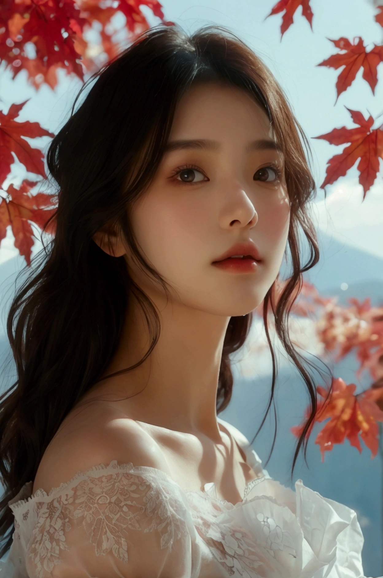 A young woman with soft, luminous skin and delicate features poses against a Fuji Mountain with red maple in the background. Her dark hair cascades around her shoulders, framing expressive eyes that gaze directly at the viewer. She wears a delicate white lace bralette, and her hands are clasped together in front of her chest. The overall feeling is one of gentle innocence and quiet confidence. The lighting is soft and diffused, highlighting the smooth texture of her skin and the delicate details of her clothing