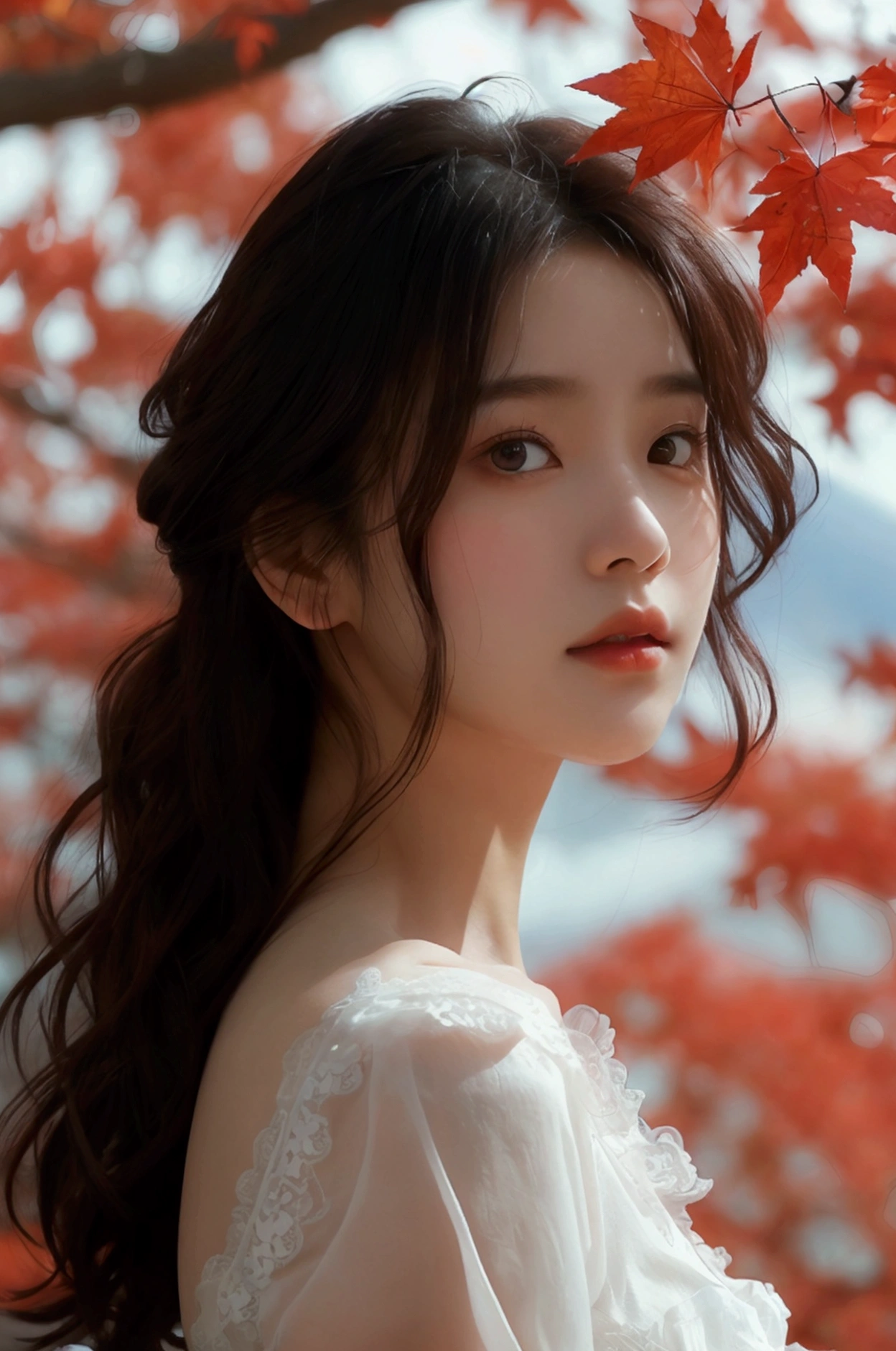 A young woman with soft, luminous skin and delicate features poses against a Fuji Mountain with red maple in the background. Her dark hair cascades around her shoulders, framing expressive eyes that gaze directly at the viewer. She wears a delicate white lace bralette, and her hands are clasped together in front of her chest. The overall feeling is one of gentle innocence and quiet confidence. The lighting is soft and diffused, highlighting the smooth texture of her skin and the delicate details of her clothing