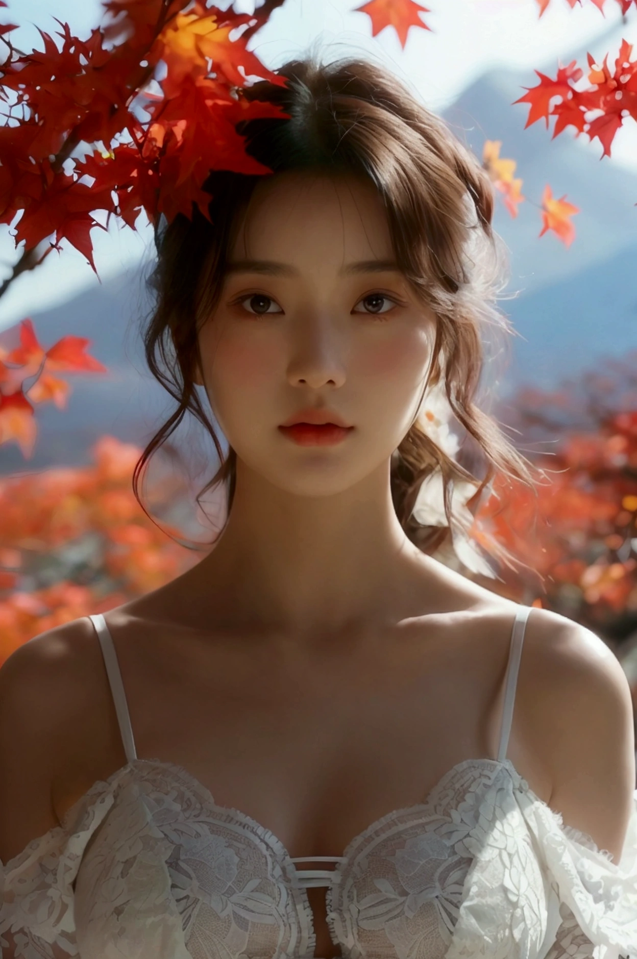 A young woman with soft, luminous skin and delicate features poses against a Fuji Mountain with red maple in the background. Her dark hair cascades around her shoulders, framing expressive eyes that gaze directly at the viewer. She wears a delicate white lace bralette, and her hands are clasped together in front of her chest. The overall feeling is one of gentle innocence and quiet confidence. The lighting is soft and diffused, highlighting the smooth texture of her skin and the delicate details of her clothing