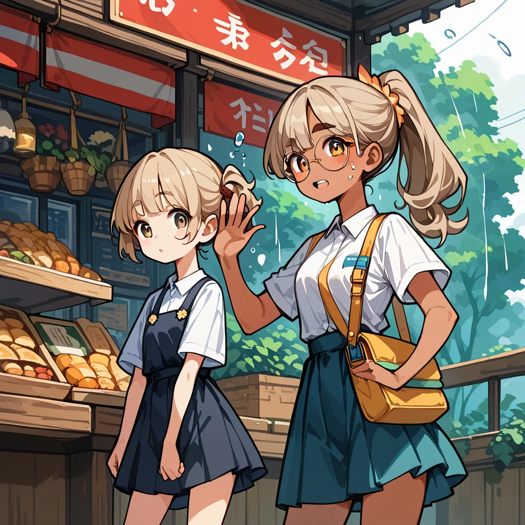 2 girls,pixel style,Beautiful girl game style,Meeting in the rain,girlA,20 years old,Light brown curly double ponytail,big round glasses,apparel,mini skirt,The whole body was soaked by the rain。
girlB,Not wearing glasses,relatively short,apparel3XL純色T恤,No pants,Slightly transparent when wet,black bob haircut,Slightly brown skin,Thick eyebrows and tiger teeth,Slightly worried and cute expression,waving。The background is the exterior of a vintage restaurant。
2 girls, Wide-angle lens, background defocusing,