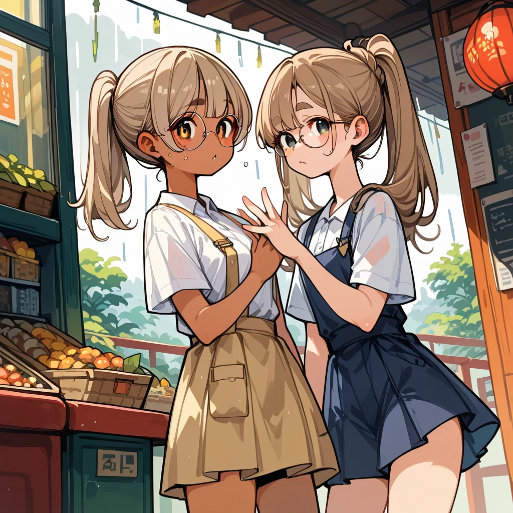2 girls,pixel style,Beautiful girl game style,Meeting in the rain,girlA,20 years old,Light brown curly double ponytail,big round glasses,apparel,mini skirt,The whole body was soaked by the rain。
girlB,Not wearing glasses,relatively short,apparel3XL純色T恤,No pants,Slightly transparent when wet,black bob haircut,Slightly brown skin,Thick eyebrows and tiger teeth,Slightly worried and cute expression,waving。The background is the exterior of a vintage restaurant。
2 girls, Wide-angle lens, background defocusing,