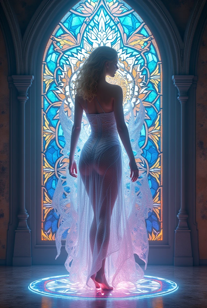(masterpiece, Highest quality), 8k,(((Very detailed))), Race:1.8,Super intricate Race pattern,colorful Race pattern,Stained glass background transparent body, Mandala,light up,cold, 1 female,Open Back,(curl,blonde),