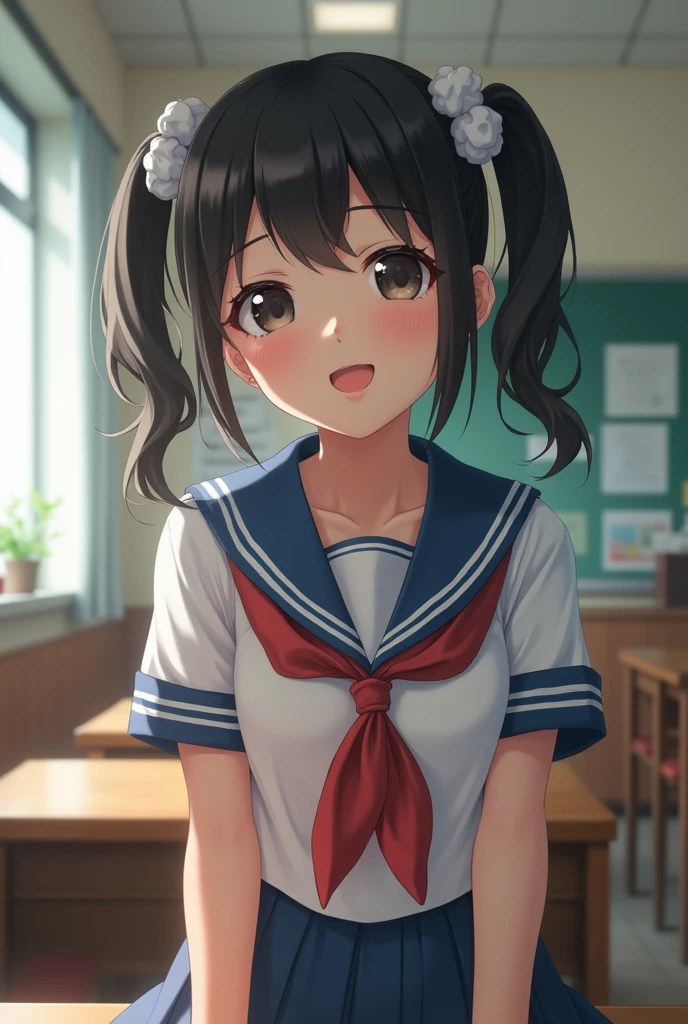 (Highest quality,masterpiece:1.3,Ultra-high resolution),(Very detailed、Caustics) (Realistic:1.4, RAW shooting、)Ultra-Realistic Capture、Very detailed、Natural skin texture、masterpiece、(junior high school sailor suit:1.3)、Short-sleeved sailor uniform、One of the Japan、Adorable expression、Expressions of happiness、、Young Face、Amazingly cute、Twin tails、Curly Hair、Black Hair、Scrunchie、light makeup、Breasts so big that they almost burst、Bare arms、This photo was taken in a middle school classroom...、Shining thighs、Shooting from the side、smile、An inviting gaze、The exact number of fingers on each hand、Handjob、penis、