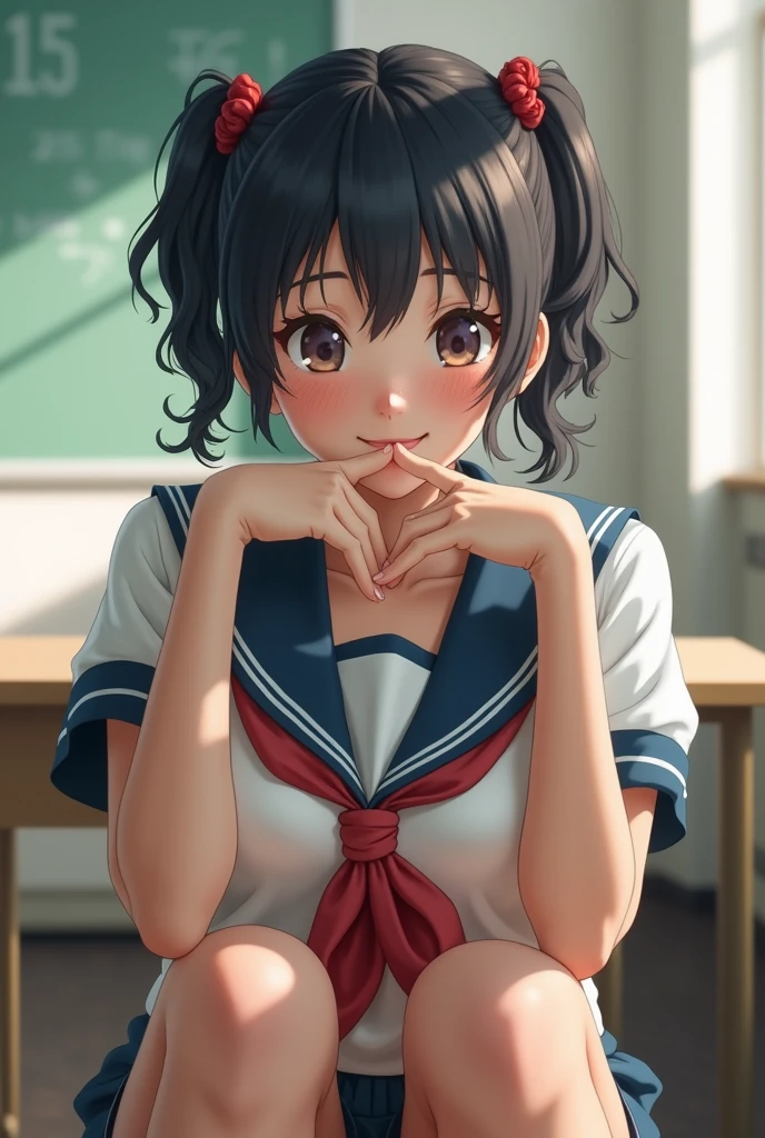 (Highest quality,masterpiece:1.3,Ultra-high resolution),(Very detailed、Caustics) (Realistic:1.4, RAW shooting、)Ultra-Realistic Capture、Very detailed、Natural skin texture、masterpiece、(junior high school sailor suit:1.3)、Short-sleeved sailor uniform、One of the Japan、Adorable expression、Expressions of happiness、、Young Face、Amazingly cute、Twin tails、Curly Hair、Black Hair、Scrunchie、light makeup、Breasts so big that they almost burst、Bare arms、This photo was taken in a middle school classroom...、Shining thighs、Shooting from the side、smile、An inviting gaze、The exact number of fingers on each hand、Handjob、penis、