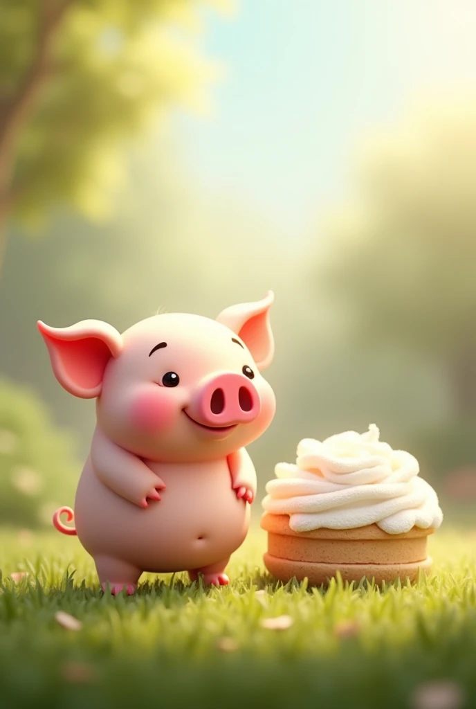 a pig next to the cotton cake