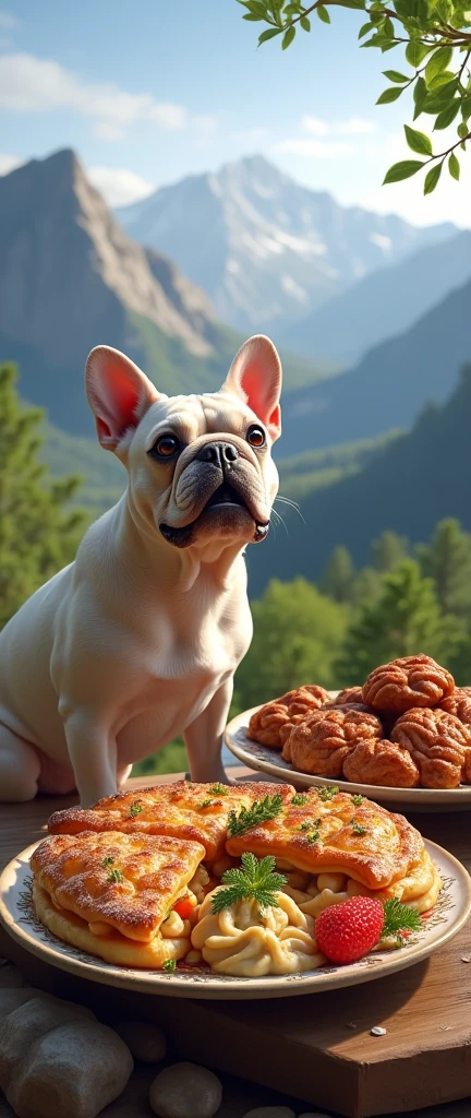 There will be khachapuri in the middle, next to khinkali Against the background of the mountain and so that it looks realistic. There is a French bulldog nearby