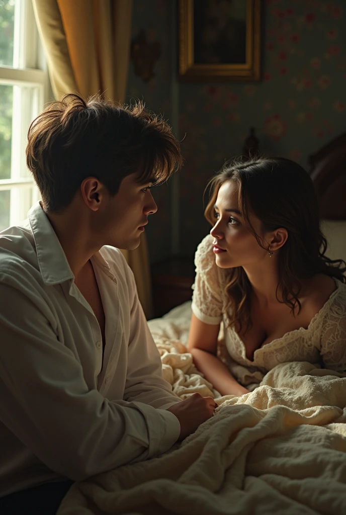 A handsome young man has beautiful hair. He is lying on the bed with his shirt unkempt. A girl dressed in an old fashioned dress was crouching down beside the bed in the old house and was beckoning the young man to come with her finger on the note.