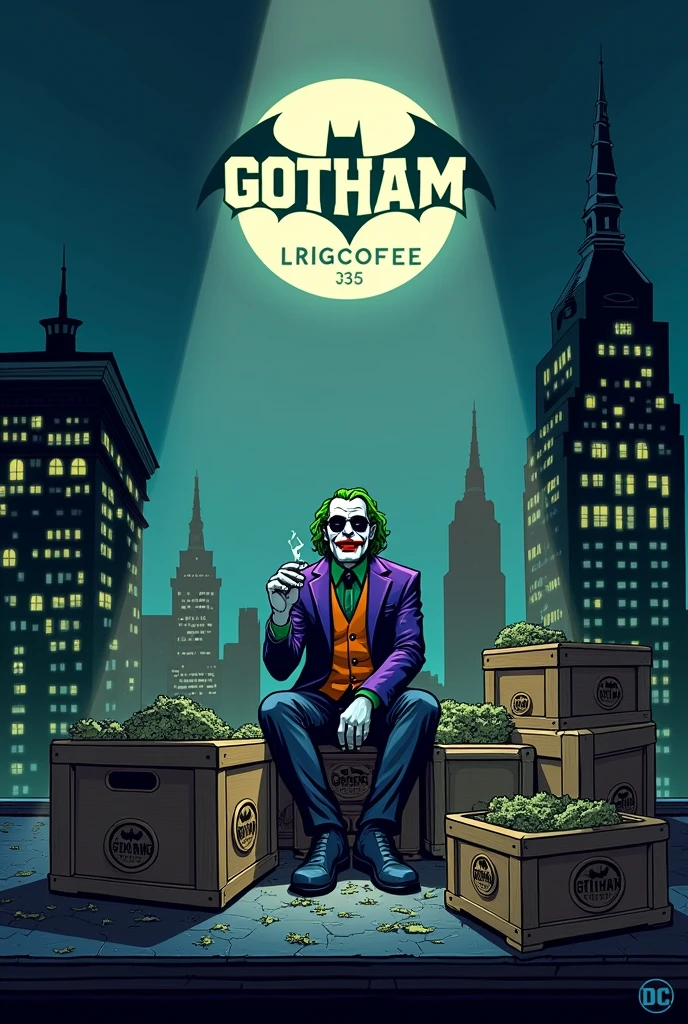 gotham city la nuit avec un projecteur sur un toit qui projette dans le ciel au dessus un logo blanc ou il y'a écrit dessus Gotham Coffee35 dans le ciel et il y'a le joker qui fume un cigare assis sur le projecteur sur le toit avec une paire de lunettes noir avec des caisses a coter de lui ou dessus il y'a une une feuille de weed et des sac remplie de cannabis et de sachet paquet de poudre blanche et de petit rectangle marron empiler a coter de lui en cartoon