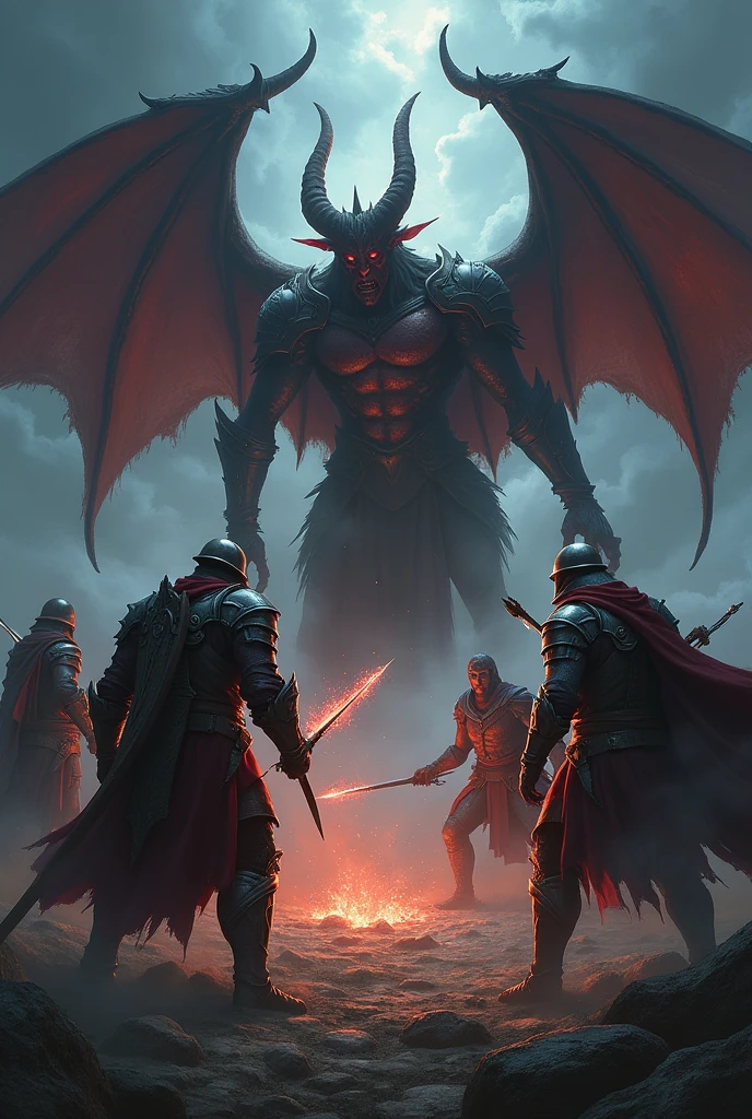 A battle with a Devil attacked by 4 opponents: 2 warriors with enhanced armor, helmet and shield, one archer and two mages.