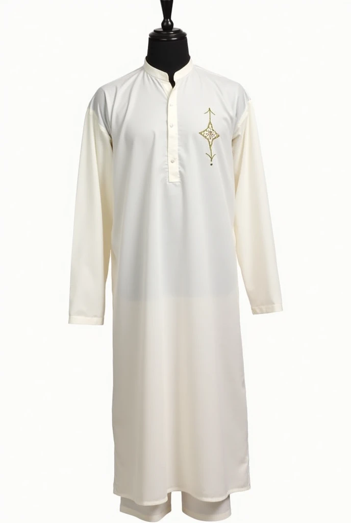 an indian muslim kurta for man, in full, with the sleeves, without the pants, which reaches up to the knees, a discreet collar, a little embroidery, no model, no man on the picture just the kurta