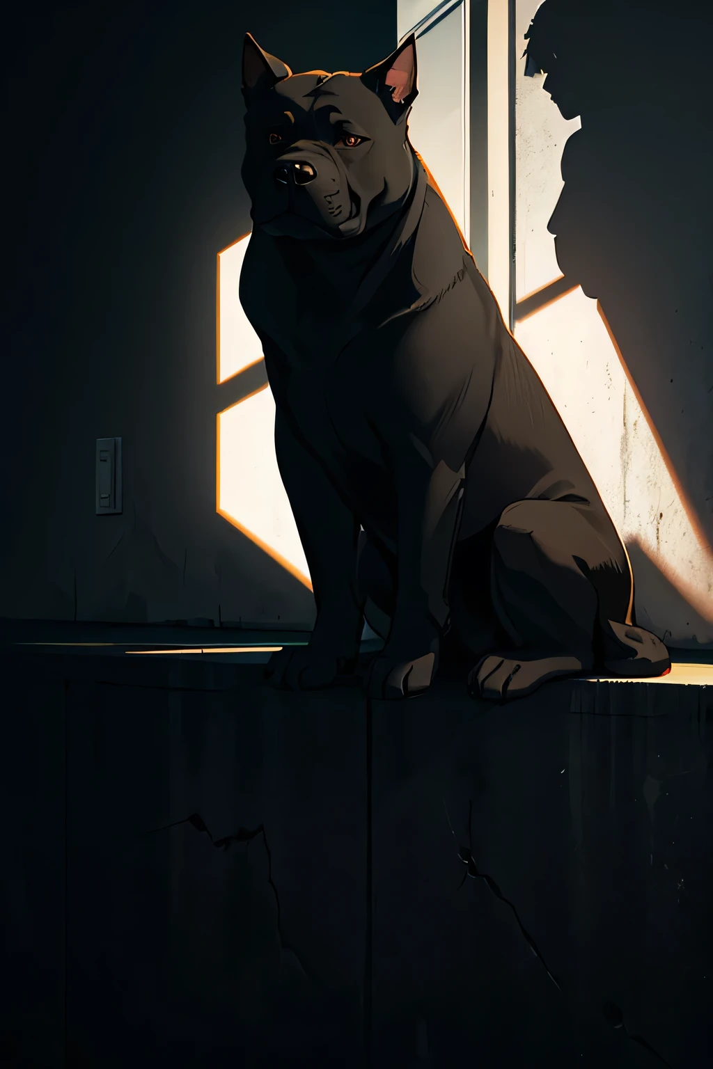 On a wall is reflected the shadow of a large and menacing pit bull dog.