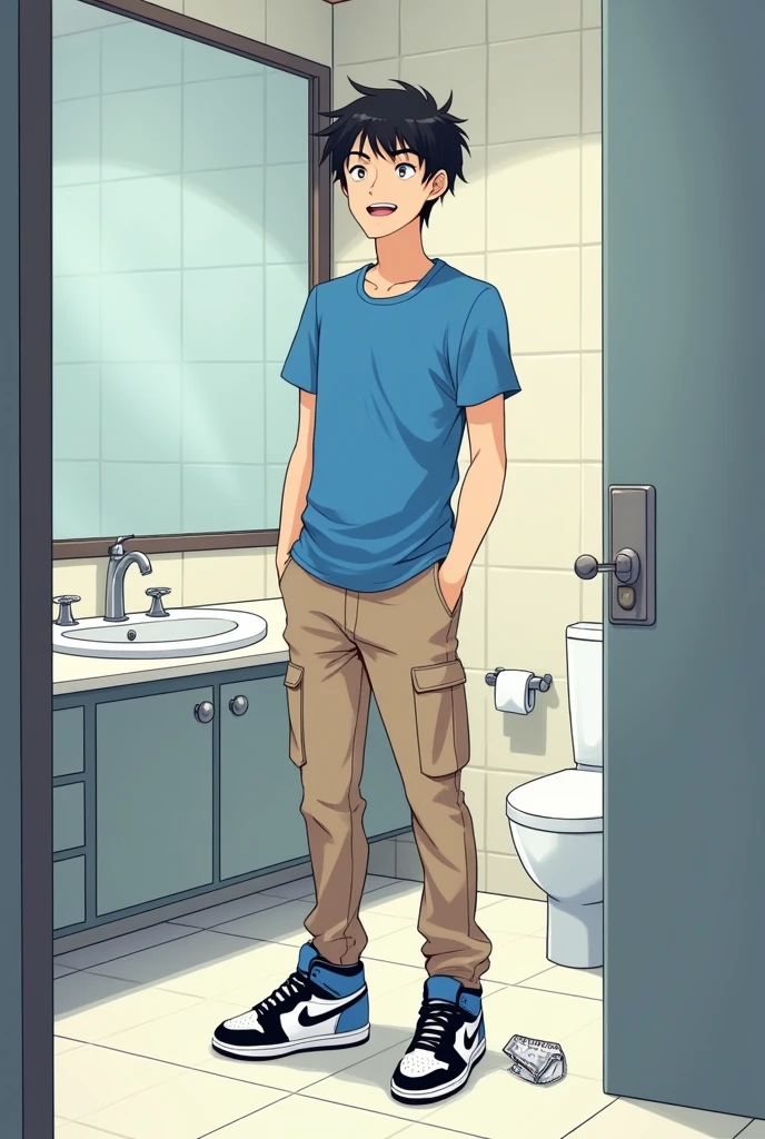 into the image, a cool teenager , with white skin and straight black hair of 1,80 tall, is posing in a bathroom. He wears a blue t-shirt and beige cargo pants., complemented by a pair of Air Jordan sneakers in blue, black andwhite. The young man is in a bathroom and in the background there are underwear (of the boxer model), this underwear is white (medium-sized), These underwear are thrown near the trash,  and the teenager has a happy and relieved expression. The bathroom in the background is modern and minimalist., with details like a large mirror and light tiles. The teenager&#39;s expression is relaxed and fun, besides him appearing relieved, giving a casual and informal tone to the image, In anime style, he looks like he just took off his underwear.
