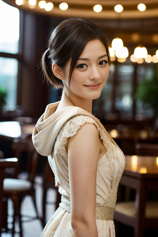 a Close-up portrait of gorgeous smiling cute Japanese woman in a glamorous lacy dress outfit, delicate facial features, porcelain-skinned, ponytail, a fusion of young Marion Cotillard's striking eyes and young Anne Hathaway's introspective gaze, long and slender cute face, curved eyebrows, droopy hooded eyes, lower nasal bridge, slim wavy nose, smiling, thin lips, short pixie cut hair, silhouette, bokeh, outstretched right hand to begging to the viewer, skylight atrium lounge background,  depth of field, photo, film,
