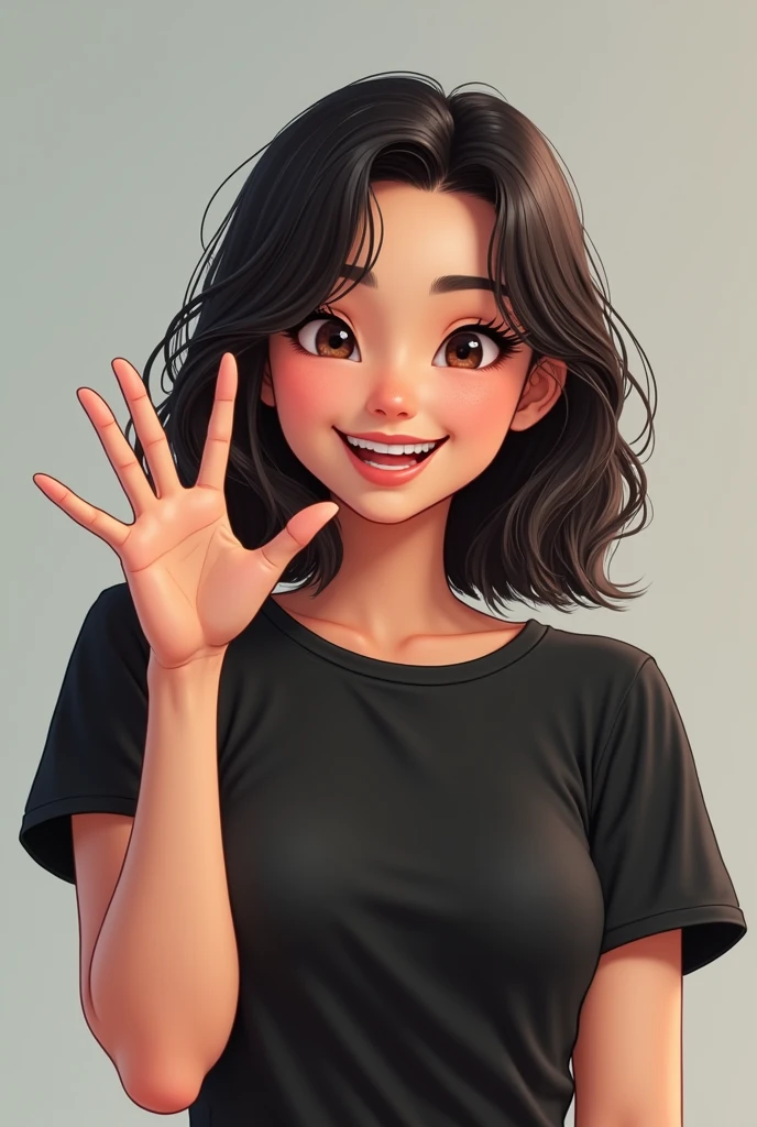 young adult female character doing cool with finger and smiling. The character must be wearing a light black shirt