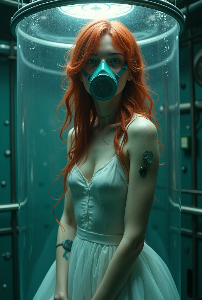 Redhead girl with long hair and blue eyes, locked in a water capsule with an oxygen mask. She is covered only by a fairly short white dress and has some wires coming out of her chest and arms that provide her with different tranquilizers.