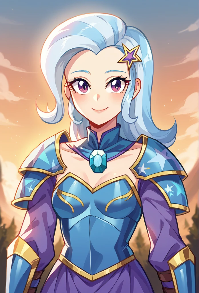 trixie lulamoon de Equestria Girls, looking at the viewer, Sunset, pretty eyes, beautiful face, small breasts, medieval armor, Full armor, with a dragon in the background, Beautiful smile, Armor that covers the entire body , Armor that covers the entire body, facing a dragon