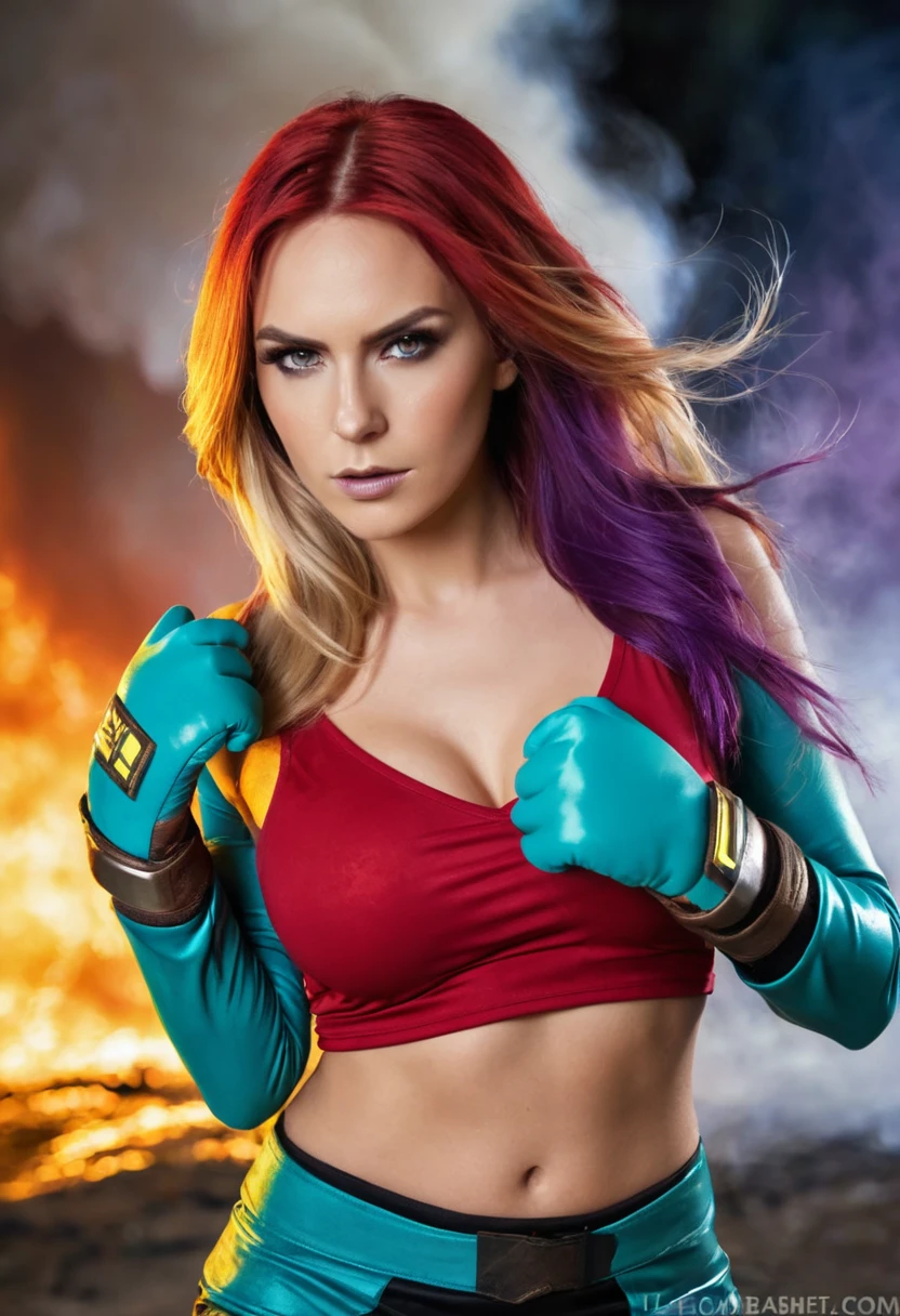 A beautiful girl with long red teal blue purple green blonde and brown hair. with fire ice earth lightning water and plasma powers being held in her hands and surrounding her. wearing revealing red teal blue purple green yellow and brown clothing and combat gloves. in a sexy and powerful combat pose.