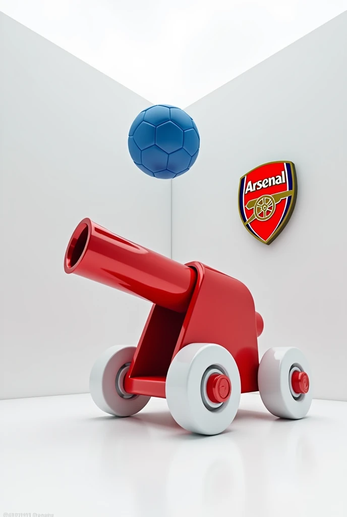 There is a red cannon with white wheels in the white room and firing blue football ball from cannon. And there is arsenal football club's logo on the wall