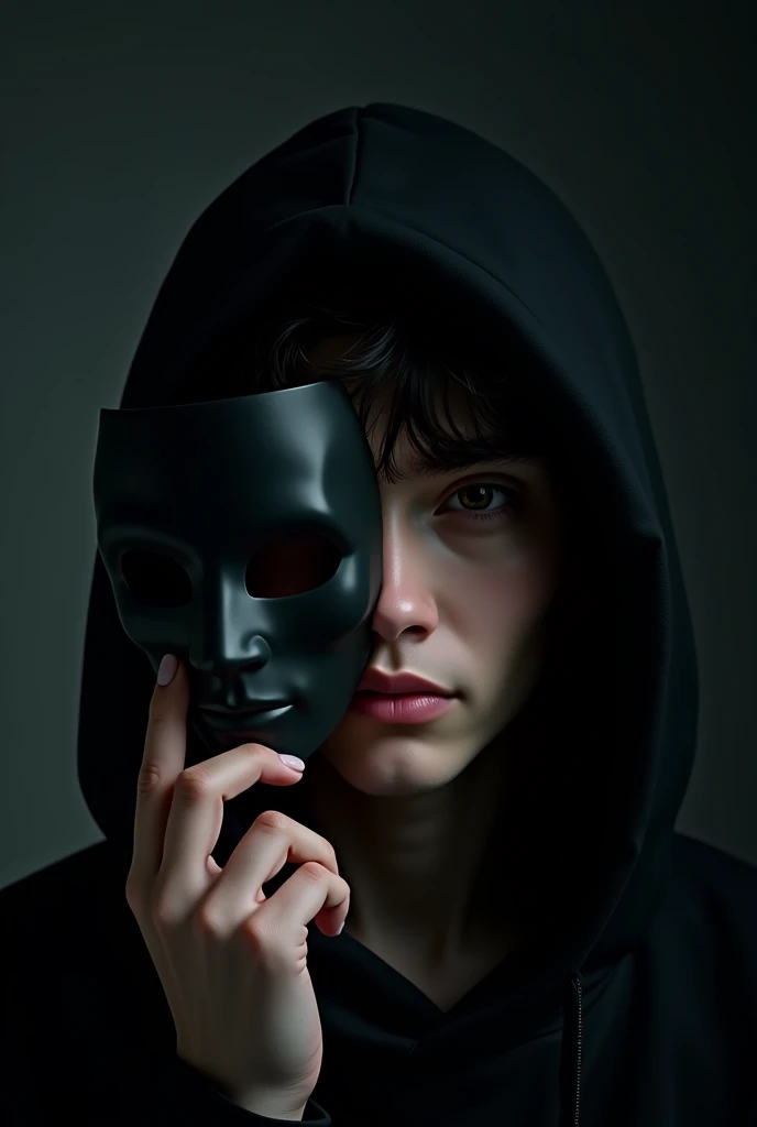 20-year-old man holds a mask with his hand to hide the vertical half of his face. He has a mysterious half smile. He wears a black hood. The background is black, is coming out from the shadows.