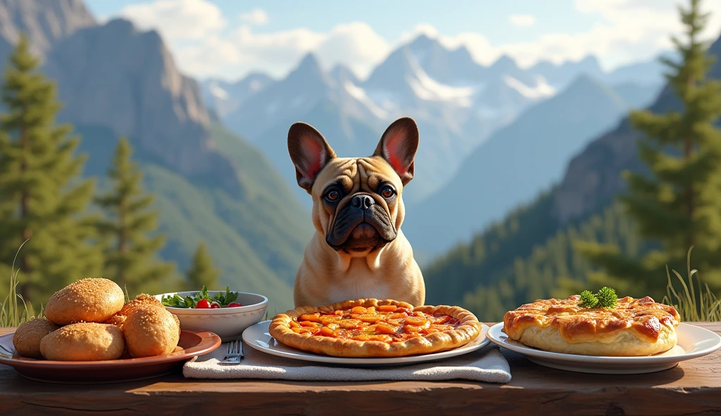 There will be khachapuri in the middle, next to khinkali Against the background of the mountain and so that it looks realistic. There is a French bulldog nearby