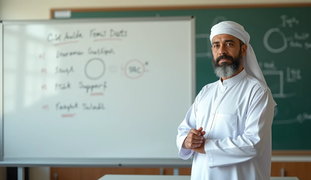 photorealism:1.2), at the end of the frame, close up, teacher, men, time, Muslim, teach, beside the blackboard, white, aesthetic blackboard fills the frame