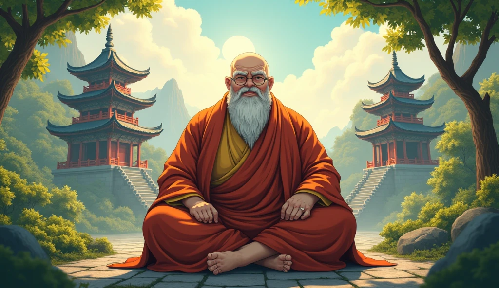 Old fat monk sensei, surrounded by temples, trees, beautiful scenario, peaceful, wisdom full, in anime style,