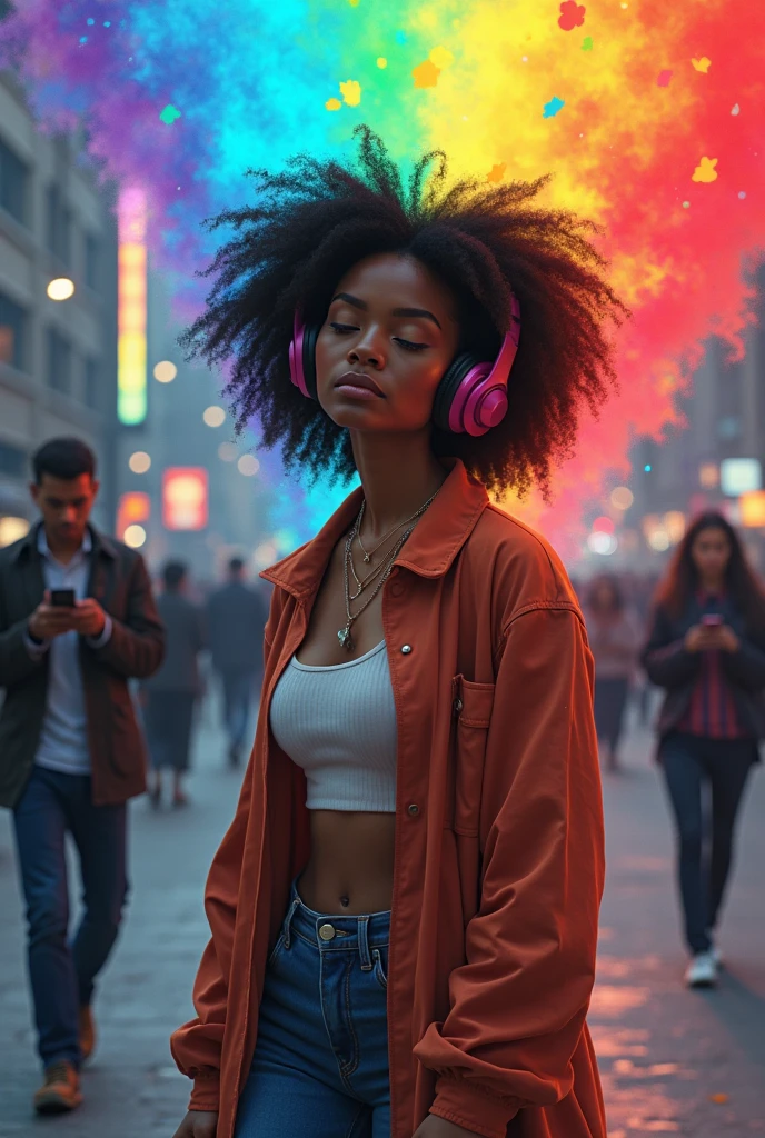 Create an image of a black woman with shiny black hair dressed in casual clothes with headphones listening to music and spreading colorful energies similar to the rainbow, meeting other dull stars also in casual clothes watching a cell phone and walking on the sidewalk with