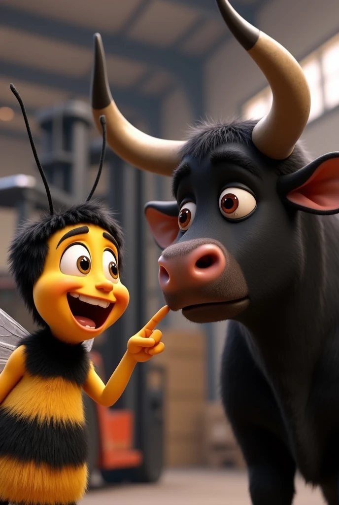 Draw Barry from the Bee movie laughing and pointing his finger at the face of the black Bull Ferdinand with red eyes full of tears crying with lots of tears running down his face, very disconsolate.. 
Background of the image has a Forklift,  only the face appears 