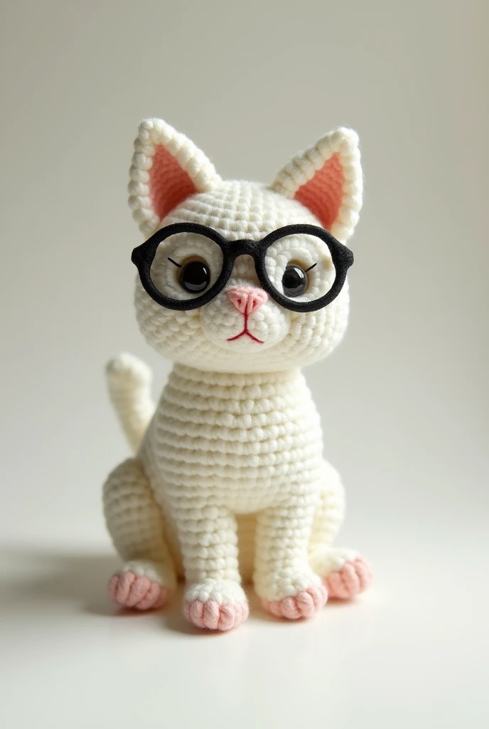 A crochet white cat with black glasses 