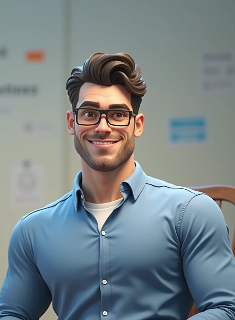 Cartoon character of a man with black glasses and a blue shirt, un cartoon character, stylized character, animation style rendering, 3D stylized, Arnold Maya rendering, Render 3D stylized, Toon render keyshot, 3D character, 3D character, Stylized 3D rendering, 3d character rendering, cartoon character, Close-up character, Character pose, (pixar style) (master part:1.2) (bokeh) (Best Quality) (detailed skin) (detailed texture) (8k) (clay) (cinematic lighting) (sharp focus,Sit down and lift your upper body.