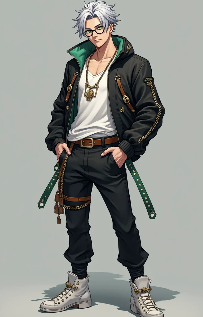 man, silver hair. custom glasses, a fit body, a white shirt tight to his body, over a black jacket with accessories and small chains, long black pants and around a brown belt and white personalized shoes, emerald green eyes, Estilo Genshin Impact