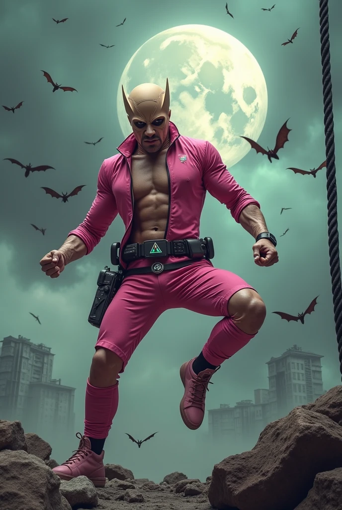 Malaysia man in high-tech suit, vivid effects, malaysian superhero (KELUANG MAN) in a striking pink and beige costume cyberpunk design, mask small mini bat ear beige, daredevil biage mask, jumpsuit dark pink stands confidently in a dramatic.jumping from high place. Fighting pose , stormy landscape. ((Head covered node guard like batman. Running pose , athletic body type, small mini ear bat mask))The character wears domino mask a helmet with pointed mini torn ears and a flowing cape biege, open nose and mouth. Equipped with visible futuristic weapons on a belt,bullet proof jacket pink dark day.show fingers pose, dark night, big supermoon effect . Small logo on chest triangle shape small punisher logo center triangle cyber logo center on chest pink logo mini logo . rocky. Building top.smoke ground , bomb effect background, losse pants, losses costume.adding to --ar 3:4 --style raw --stylize 500 --v 6.1. chaos. Lot of small flying bat. One leg on the high stone. Man . Real man age 40 year old. One hand holding belt.one hand holding black rope hanging on building 