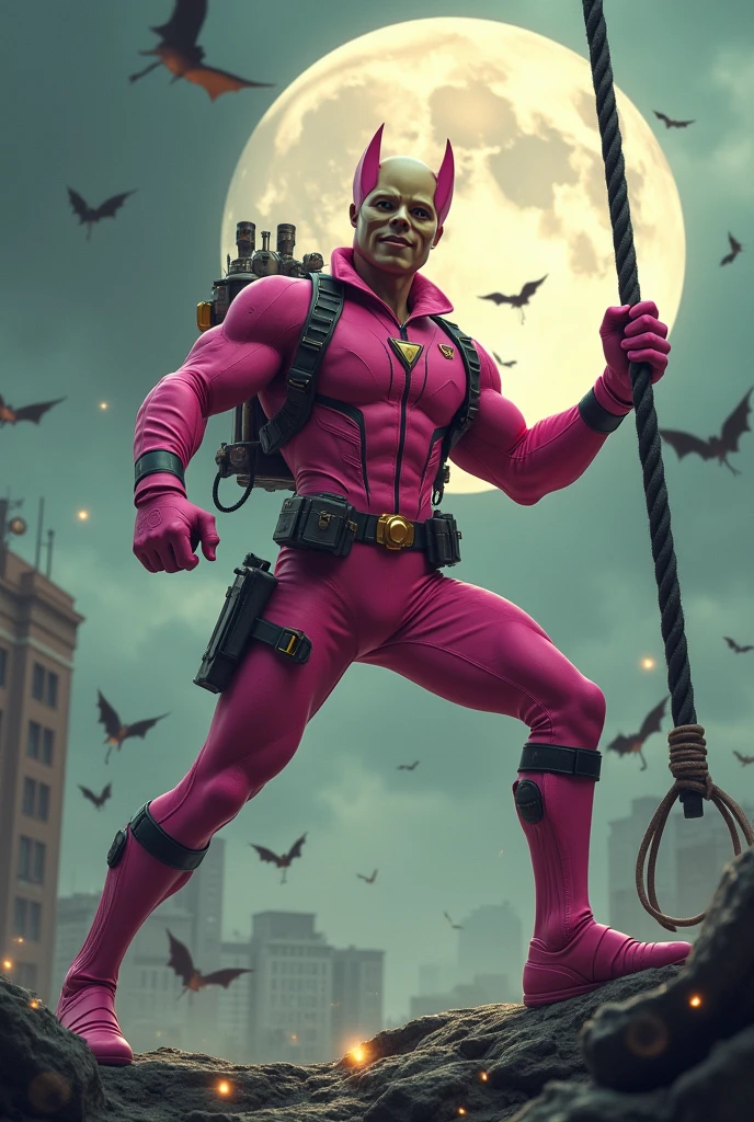 Malaysia man in high-tech suit, vivid effects, malaysian superhero (KELUANG MAN) in a striking pink and beige costume cyberpunk design, mask small mini bat ear beige, daredevil biage mask, jumpsuit dark pink stands confidently in a dramatic.jumping from high place. Fighting pose , stormy landscape. ((Head covered node guard like batman. Running pose , athletic body type, small mini ear bat mask))The character wears domino mask a helmet with pointed mini torn ears and a flowing cape biege, open nose and mouth. Equipped with visible futuristic weapons on a belt,bullet proof jacket pink dark day.show fingers pose, dark night, big supermoon effect . Small logo on chest triangle shape small punisher logo center triangle cyber logo center on chest pink logo mini logo . rocky. Building top.smoke ground , bomb effect background, losse pants, losses costume.adding to --ar 3:4 --style raw --stylize 500 --v 6.1. chaos. Lot of small flying bat. One leg on the high stone. Man . Real man age 40 year old. One hand holding belt.one hand holding black rope hanging on building