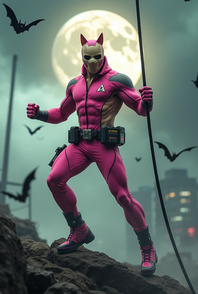 Malaysia man in high-tech suit, vivid effects, malaysian superhero (KELUANG MAN) in a striking pink and beige costume cyberpunk design, mask small mini bat ear beige, daredevil biage mask, jumpsuit dark pink stands confidently in a dramatic.jumping from high place. Fighting pose , stormy landscape. ((Head covered node guard like batman. Running pose , athletic body type, small mini ear bat mask))The character wears domino mask a helmet with pointed mini torn ears and a flowing cape biege, open nose and mouth. Equipped with visible futuristic weapons on a belt,bullet proof jacket pink dark day.show fingers pose, dark night, big supermoon effect . Small logo on chest triangle shape small punisher logo center triangle cyber logo center on chest pink logo mini logo . rocky. Building top.smoke ground , bomb effect background, losse pants, losses costume.adding to --ar 3:4 --style raw --stylize 500 --v 6.1. chaos. Lot of small flying bat. One leg on the high stone. Man . Real man age 40 year old. One hand holding belt.one hand holding black rope hanging on building 