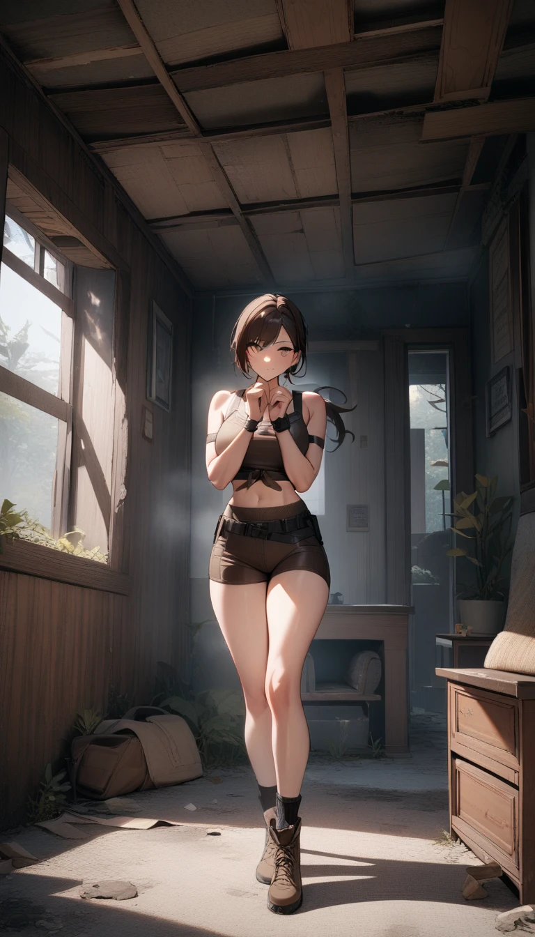 1girl, lara croft /(tomb raider/), tomb raider,livingroom,abandoned house,full body shot, hands tied to the ceiling,perfect eyes,perfect hands,masterpiece,very aesthetic,newest,sensitive
