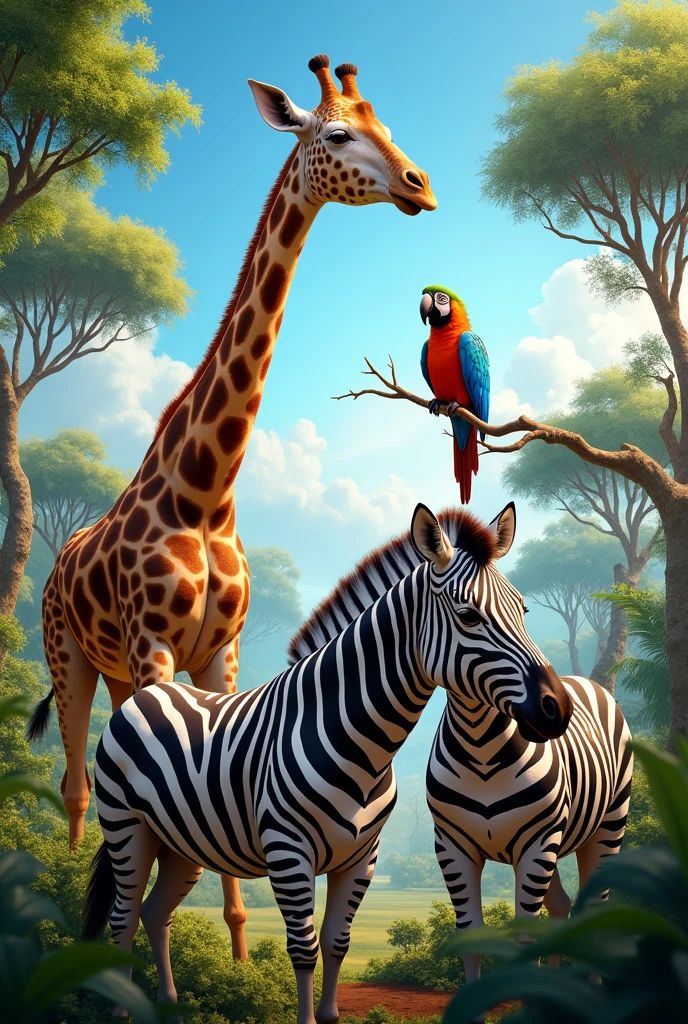 the zebra stripes are plain to see. The giraffe stretches to the sky, and the parrot squawks a colorful hive.