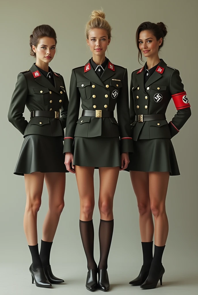American female supermodels, dressed in Nazi uniforms with skirts, soft smiles