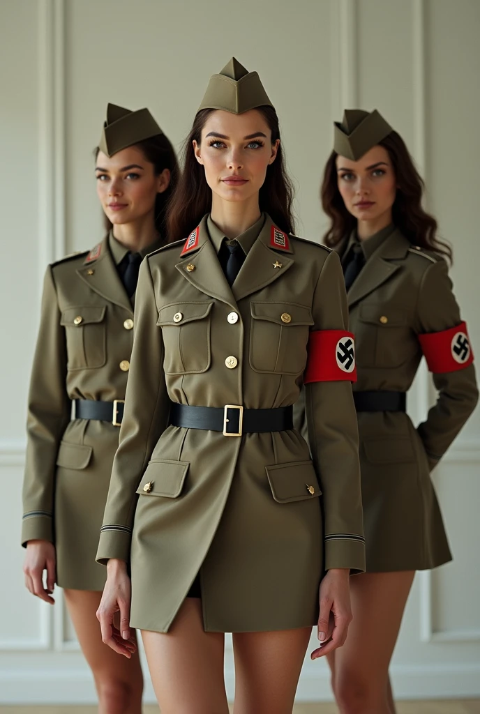American female supermodels, dressed in Nazi uniforms with skirts, soft smiles