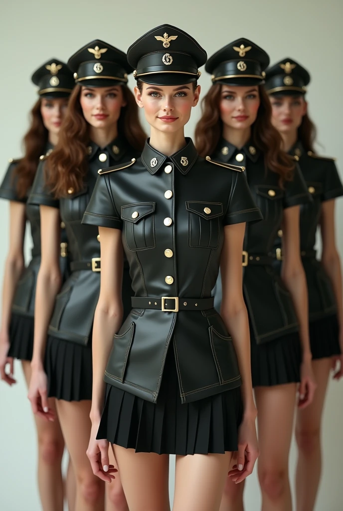 American female supermodels, dressed in Nazi uniforms with skirts, soft smiles