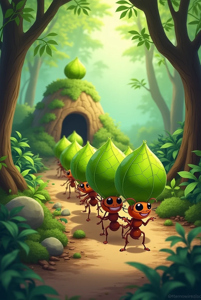 Ants carrying leaves to the anthill, cartoon,