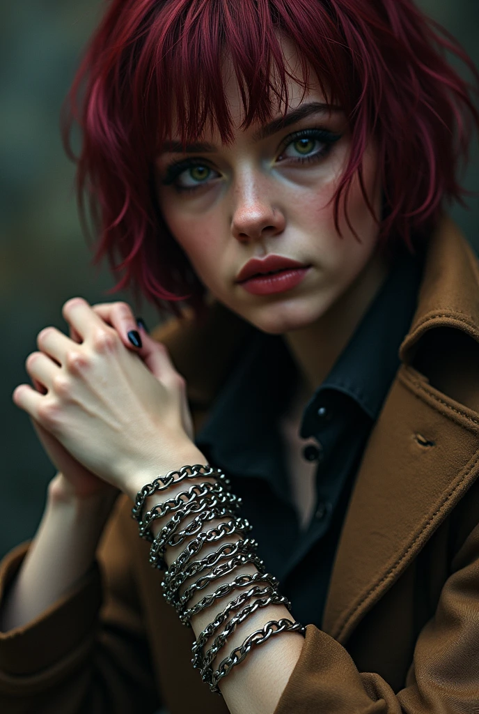 maroon hair, just the arm with the chains around it and clothes with a half-cut brown overcoat he has green eyes